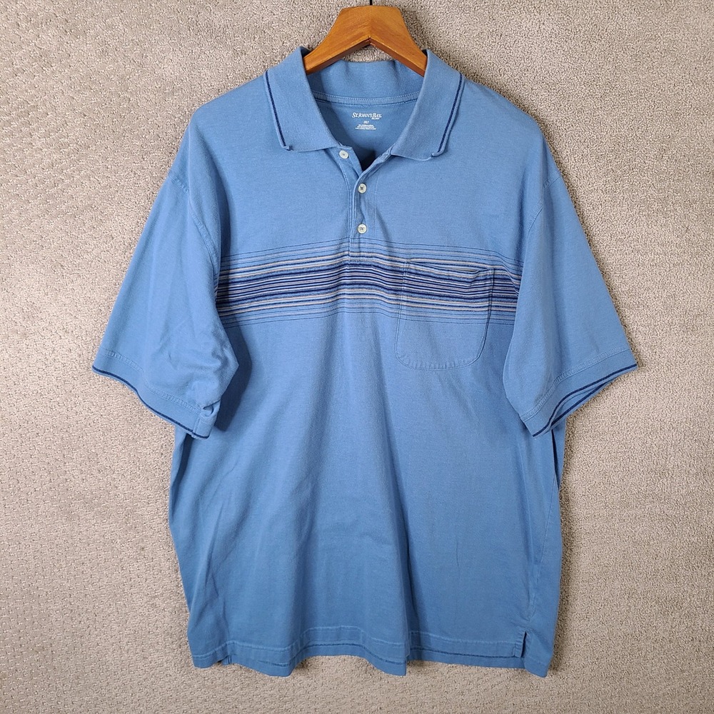 St Johns Bay Shirt Mens 2XLT Blue Striped Short Sleeve Pocket Polo Cotton Blend